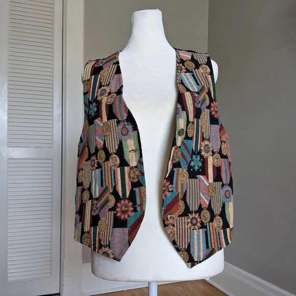 Vintage 90s Mirrors Tapestry Vest Award Ribbons Medals Funky Dark Academia Large - Picture 2 of 10